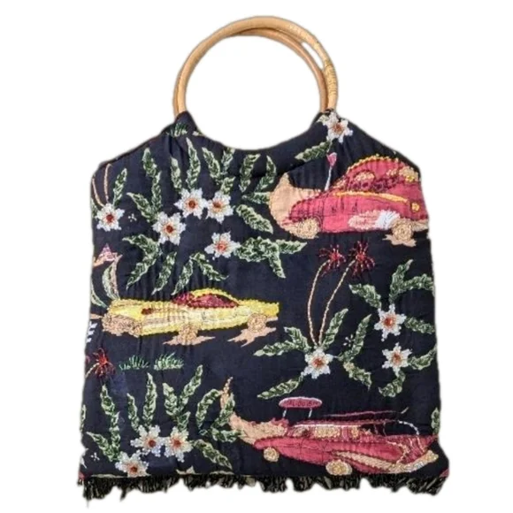 Vintage Hand Beaded Retro Cars Fringe Black Purse Boho Tote Bamboo Handle - Picture 2 of 13